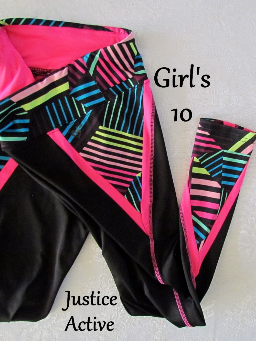 GIRL'S LEGGINGS, 10, NEON PINK & MULTICOLOR GRAPHIC DESIGN, JUSTICE ACTIVE, EUC